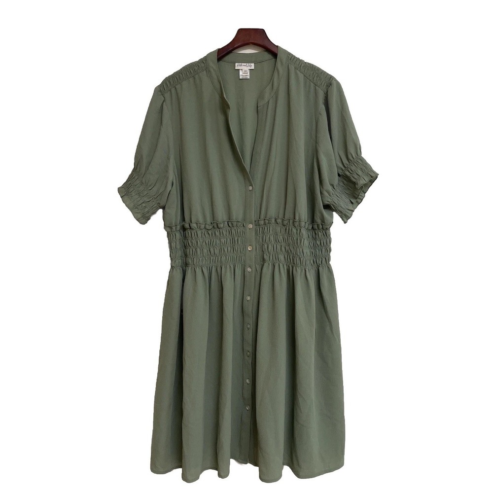 NWT Kate & Lily Dress Smocked Waist‎ Button Front Short Sleeve Green Women's 3XL